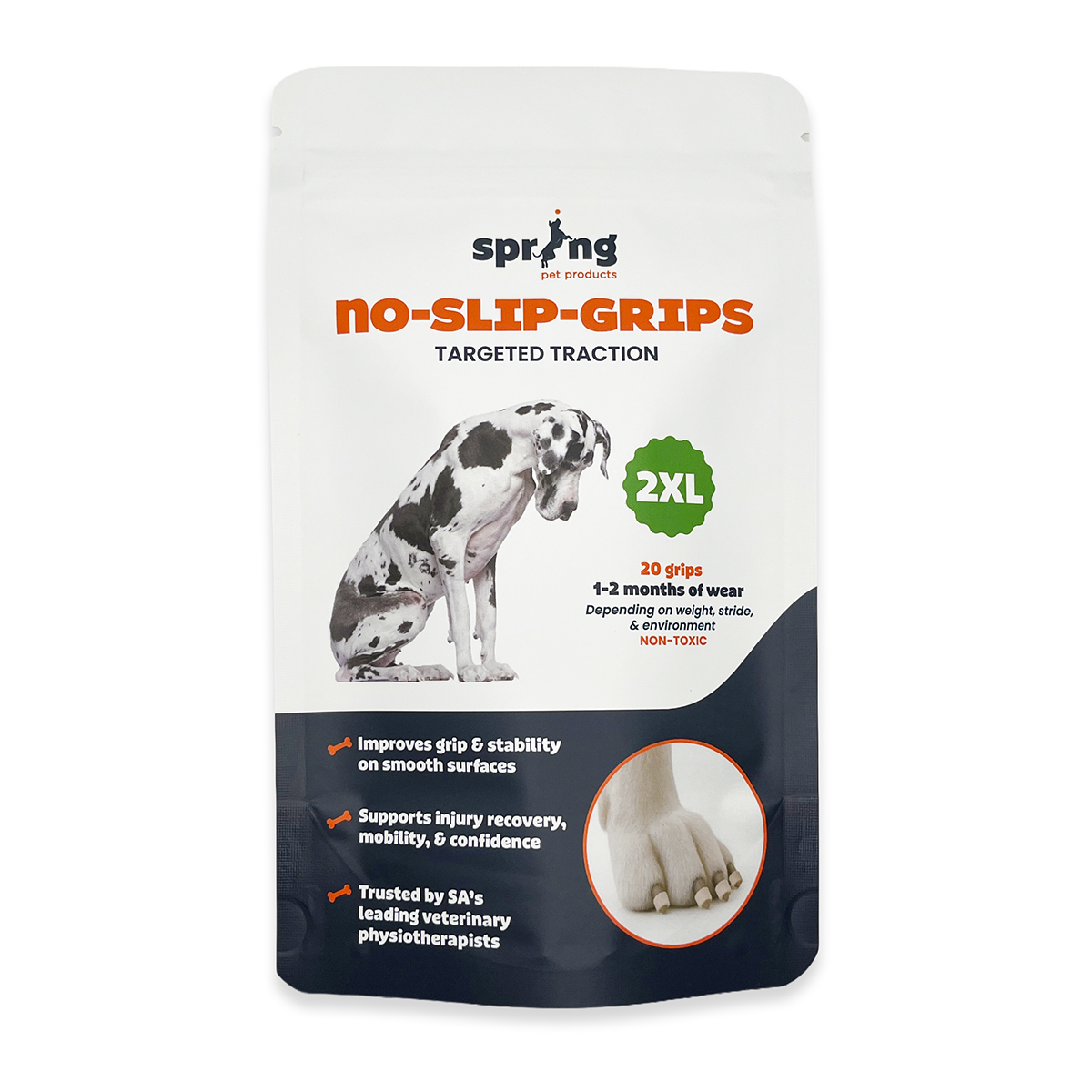 Packaging of Spring No-Slip-Grips for double extra large dogs on a white background