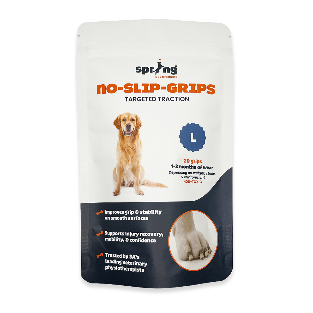 Packaging of Spring No-Slip-Grips for large dogs on a white background