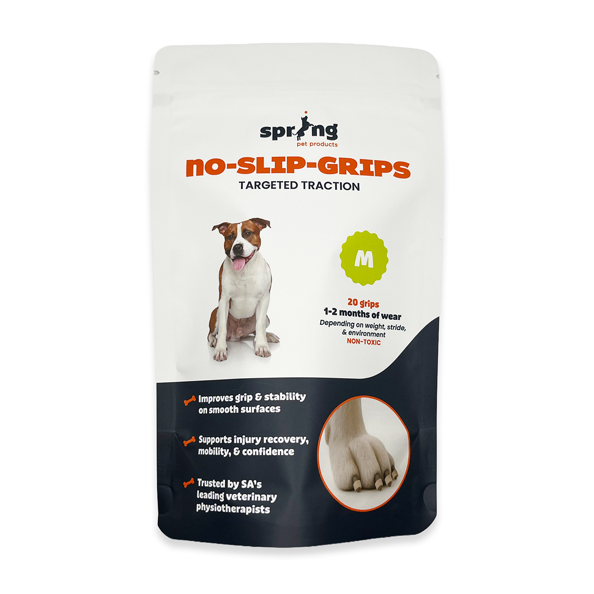 Packaging of Spring No-Slip-Grips for medium dogs on a white background