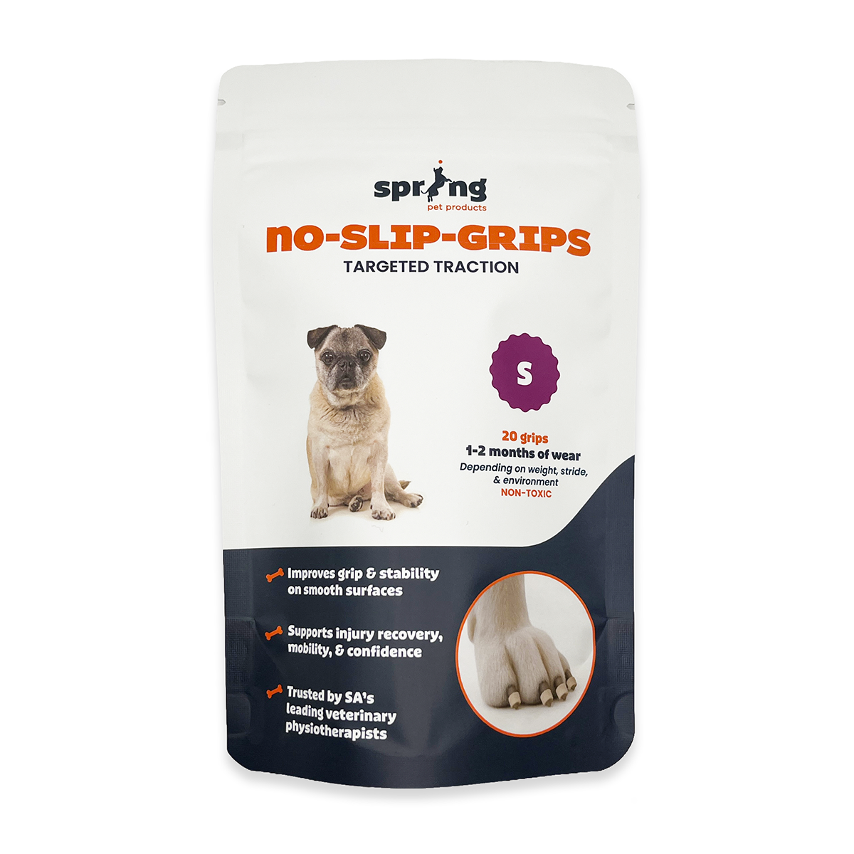 Packaging of Spring No-Slip-Grips for small dogs on a white background